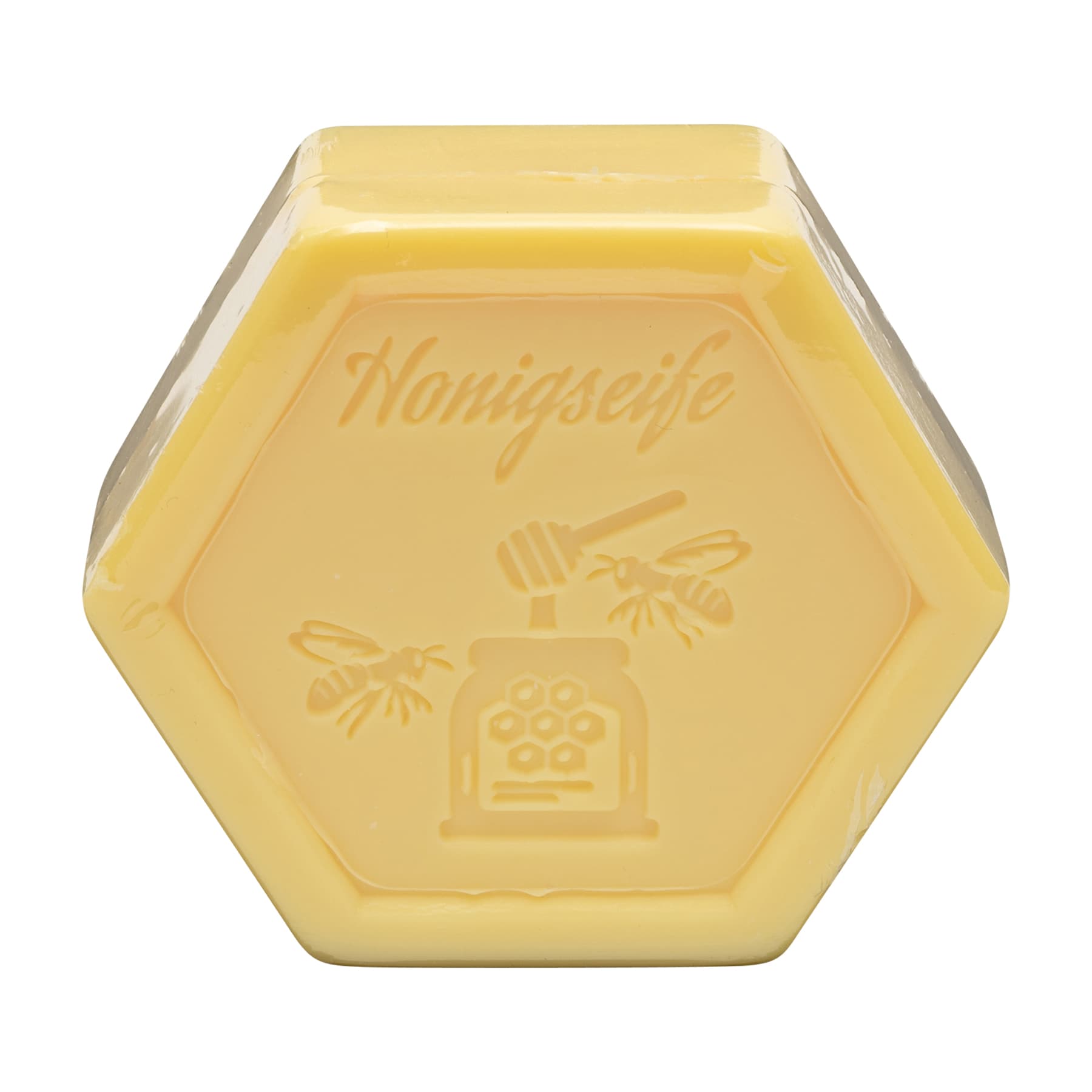 Honigseife 100 g in Sechseckform, foliert, mit dem beigelegten Etikett