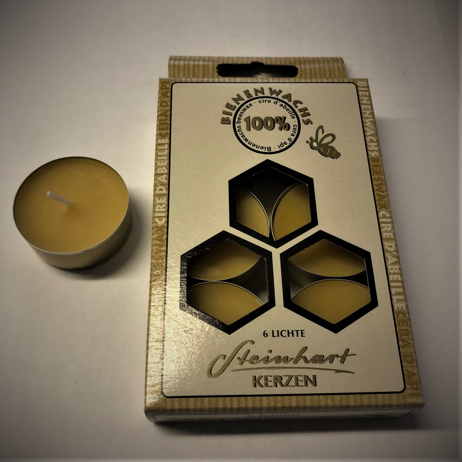 6 Teelichte aus 100 % Bienenwachs in Aluhülle zu 6 St. im Karton verpackt, original Steinhart