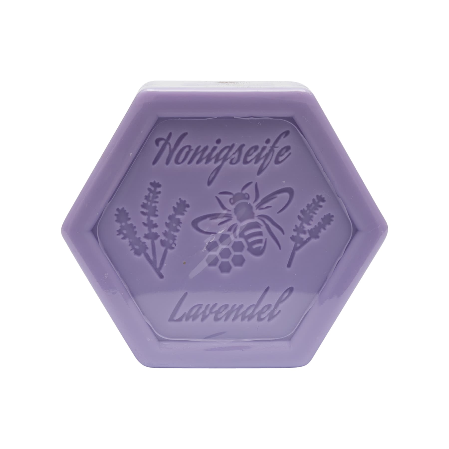 Honigseife mit Lavendel 100 g in Sechseckform, foliert, mit dem beigelegten Etikett