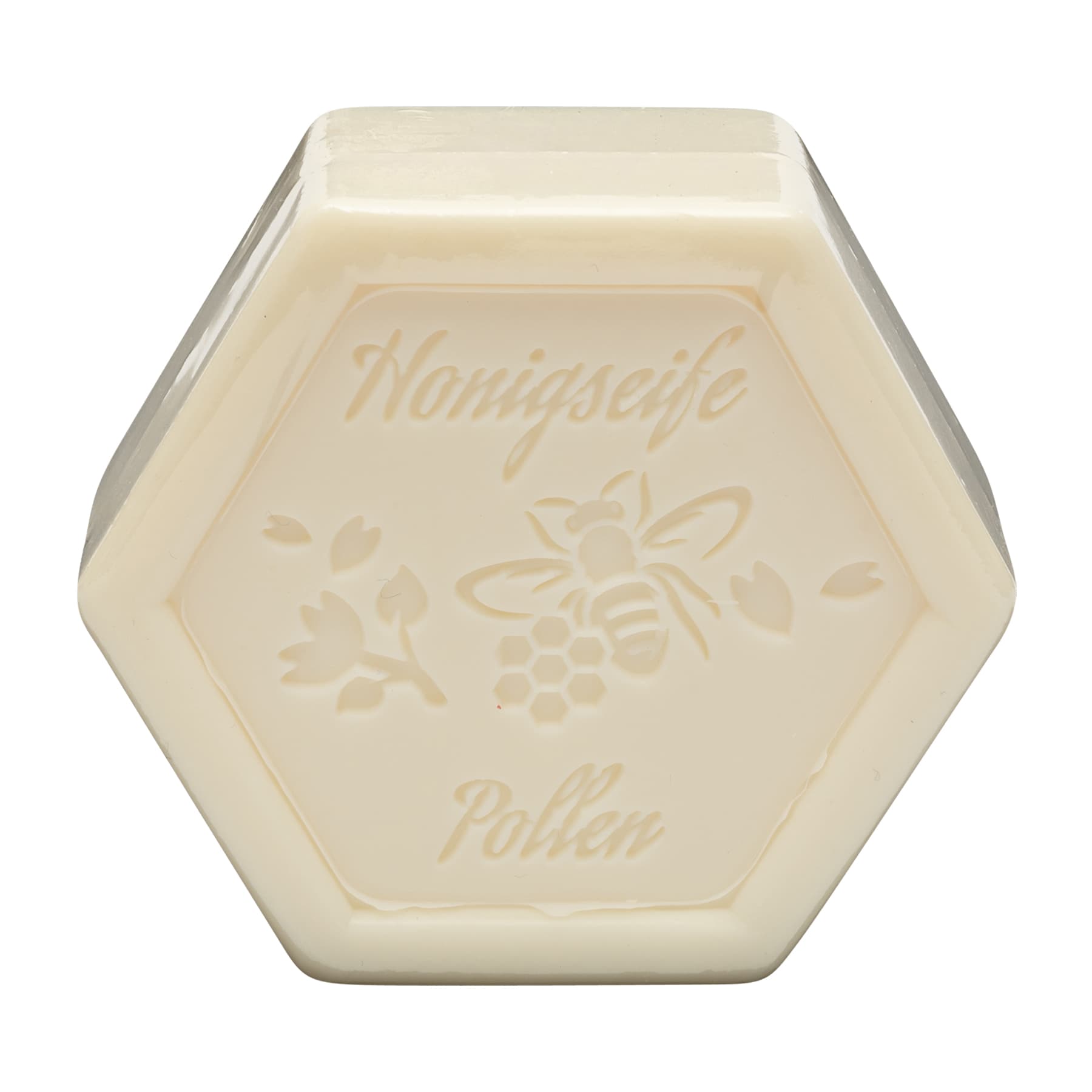 Honigseife mit Pollen 100 g in Sechseckform, foliert, mit dem beigelegten Etikett