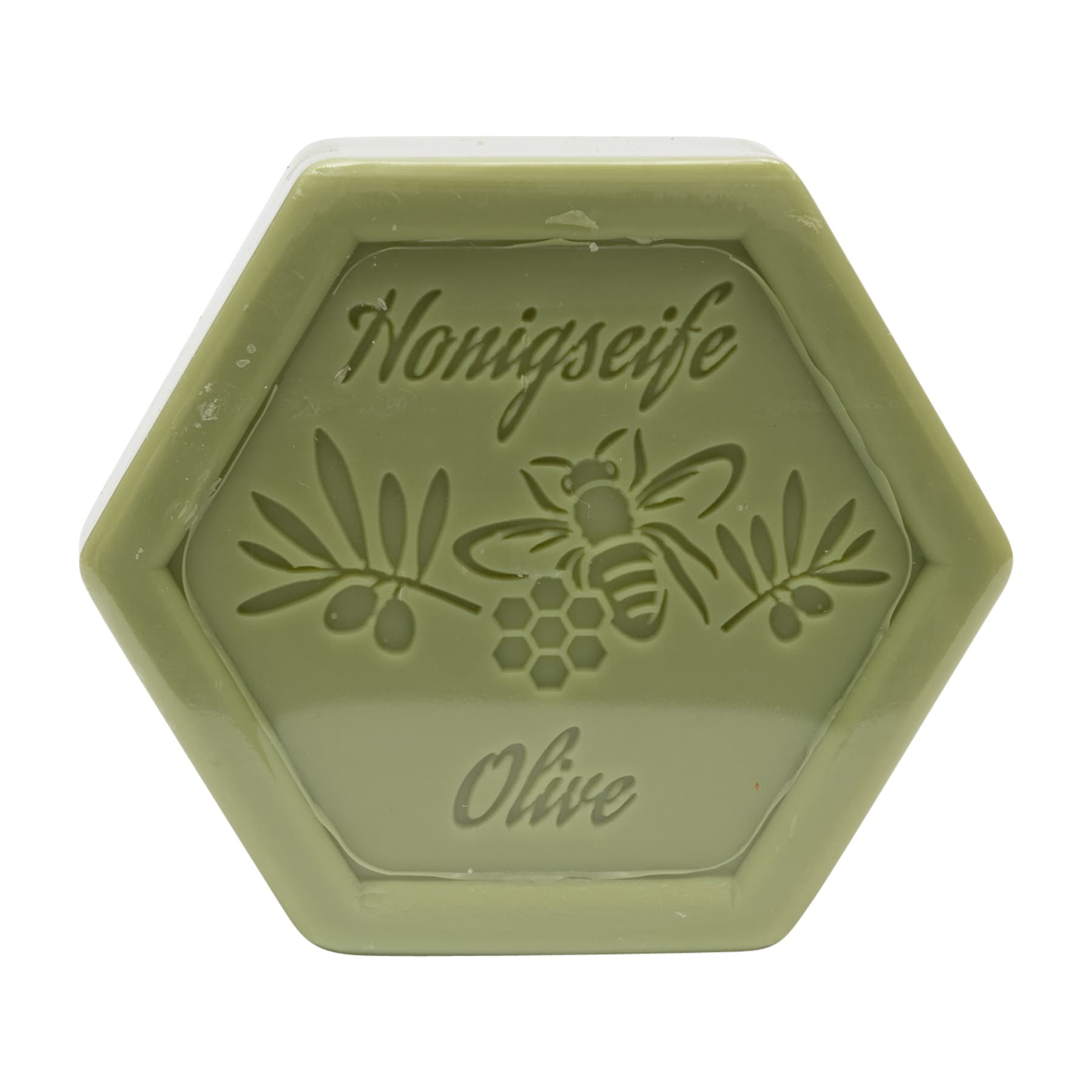 Honigseife mit Olive 100 g in Sechseckform, foliert, mit dem beigelegten Etikett