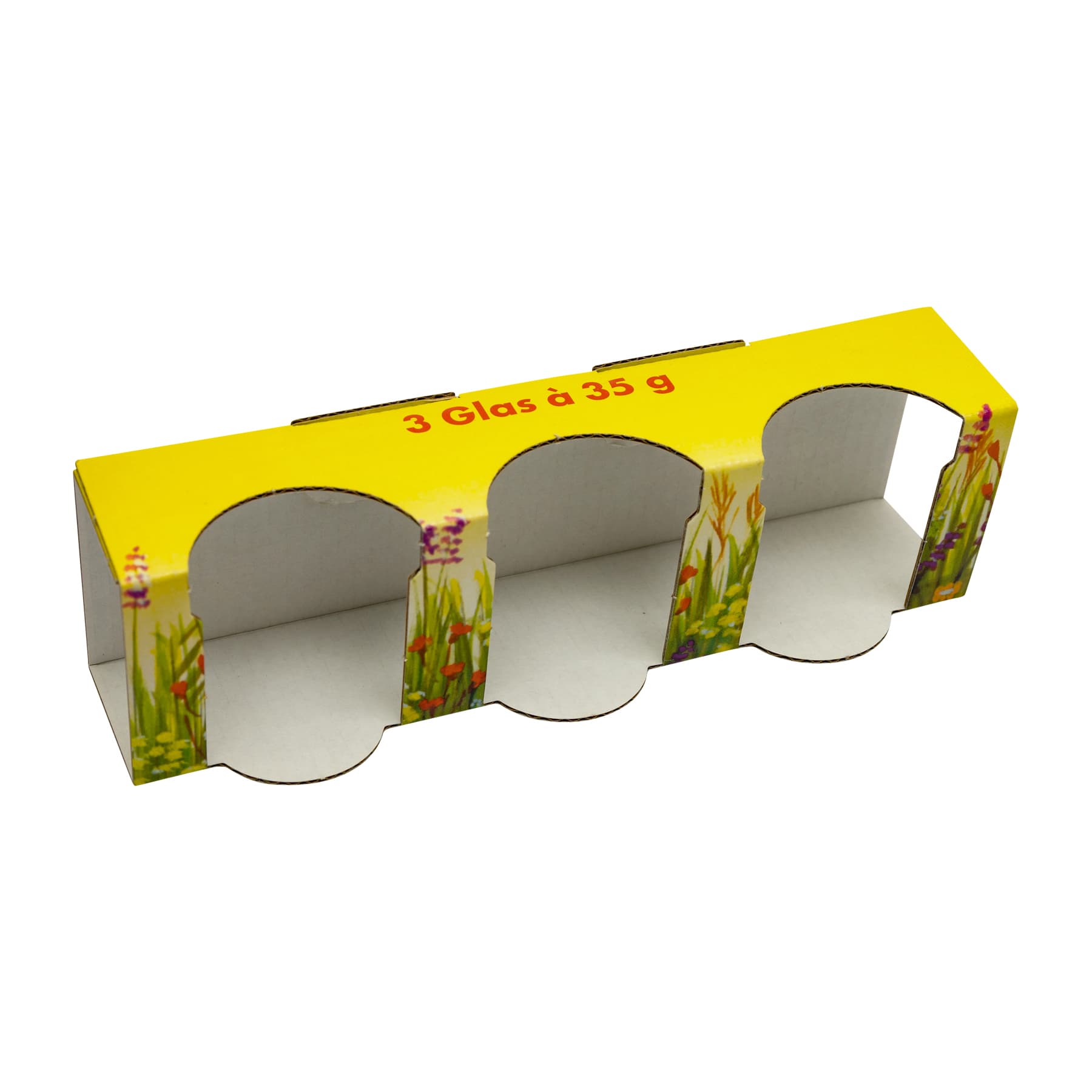Kartonverpackung Blumenwiese  für 3 x 30 g Honigglas